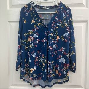 Vince Camuto Navy Blue & Yellow Red Floral 3/4 Sleeve Women's Blouse Shirt Top